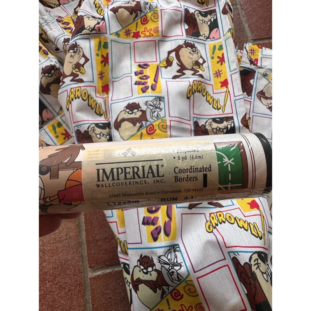 Vintage Looney Tunes Taz Curtain‎ Panel and Space Jam Wallpaper Border Set 90s